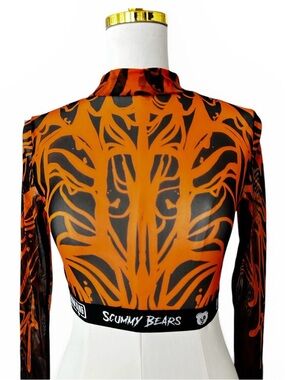 Scummy Bears Orange & Black Sheer Graphic Crop Top Rave